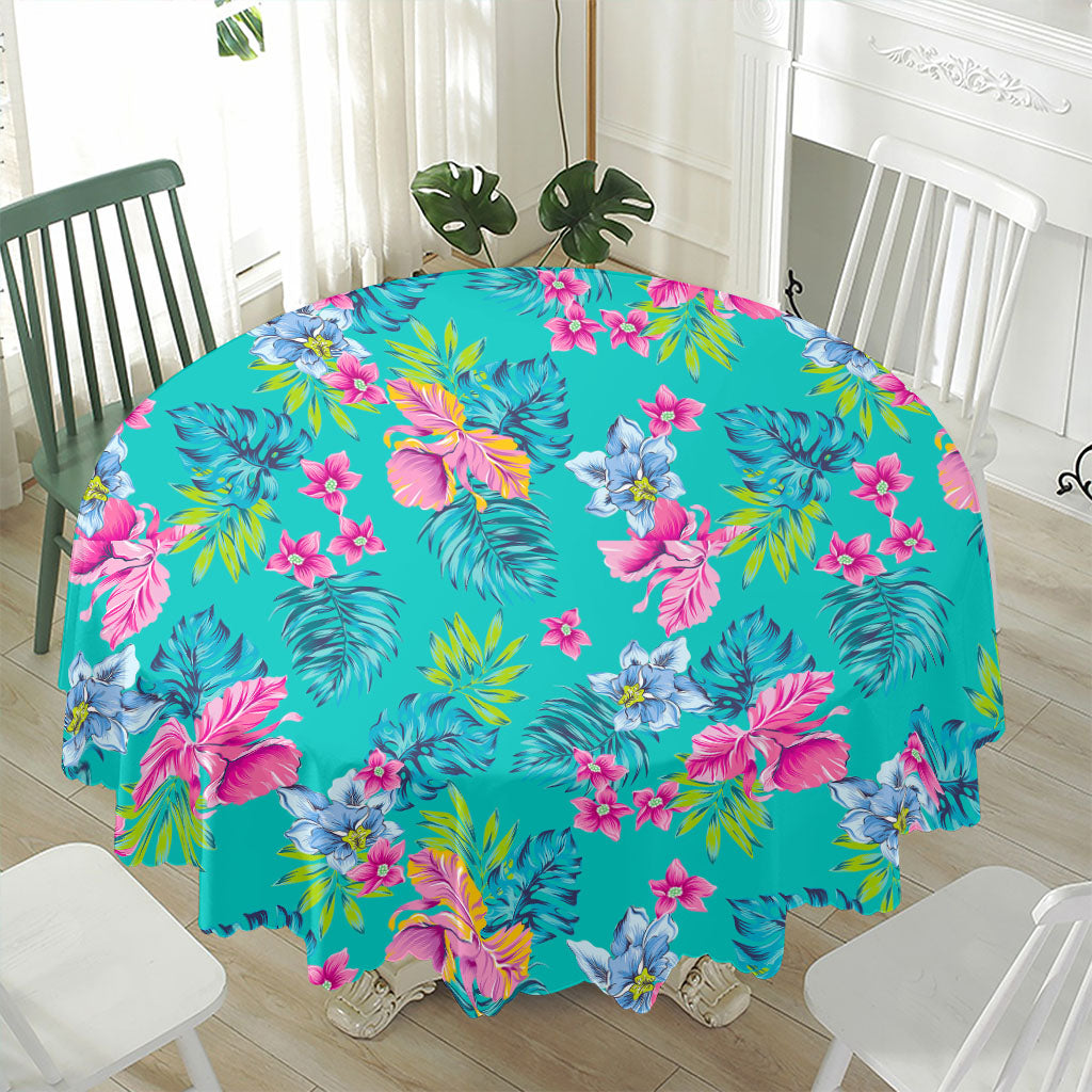 Teal Aloha Tropical Pattern Print Waterproof Round Tablecloth