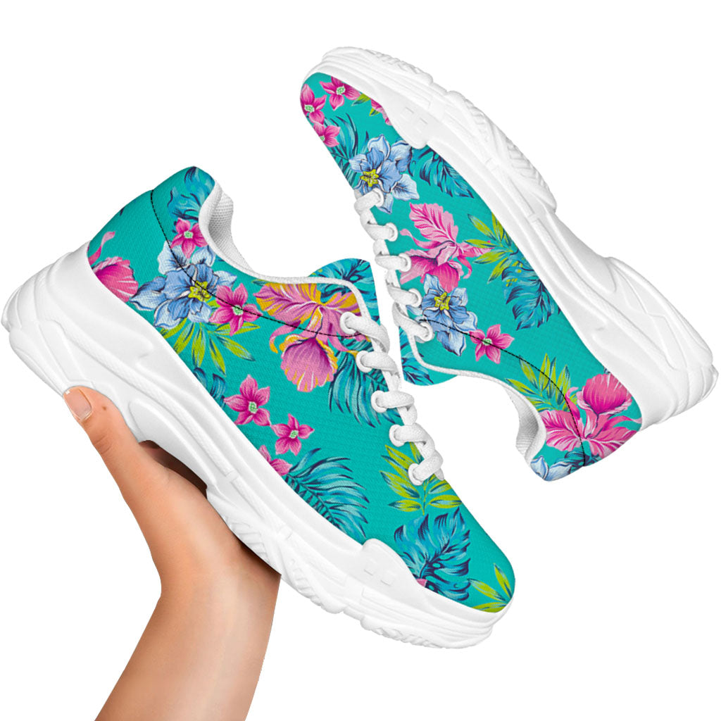 Teal Aloha Tropical Pattern Print White Chunky Shoes