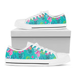 Teal Aloha Tropical Pattern Print White Low Top Sneakers