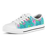Teal Aloha Tropical Pattern Print White Low Top Sneakers