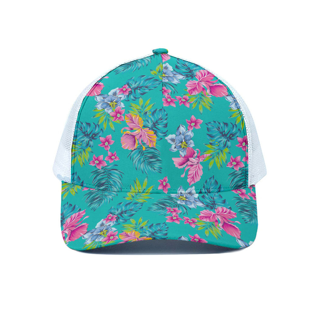 Teal Aloha Tropical Pattern Print White Mesh Trucker Cap