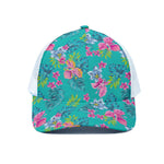 Teal Aloha Tropical Pattern Print White Mesh Trucker Cap