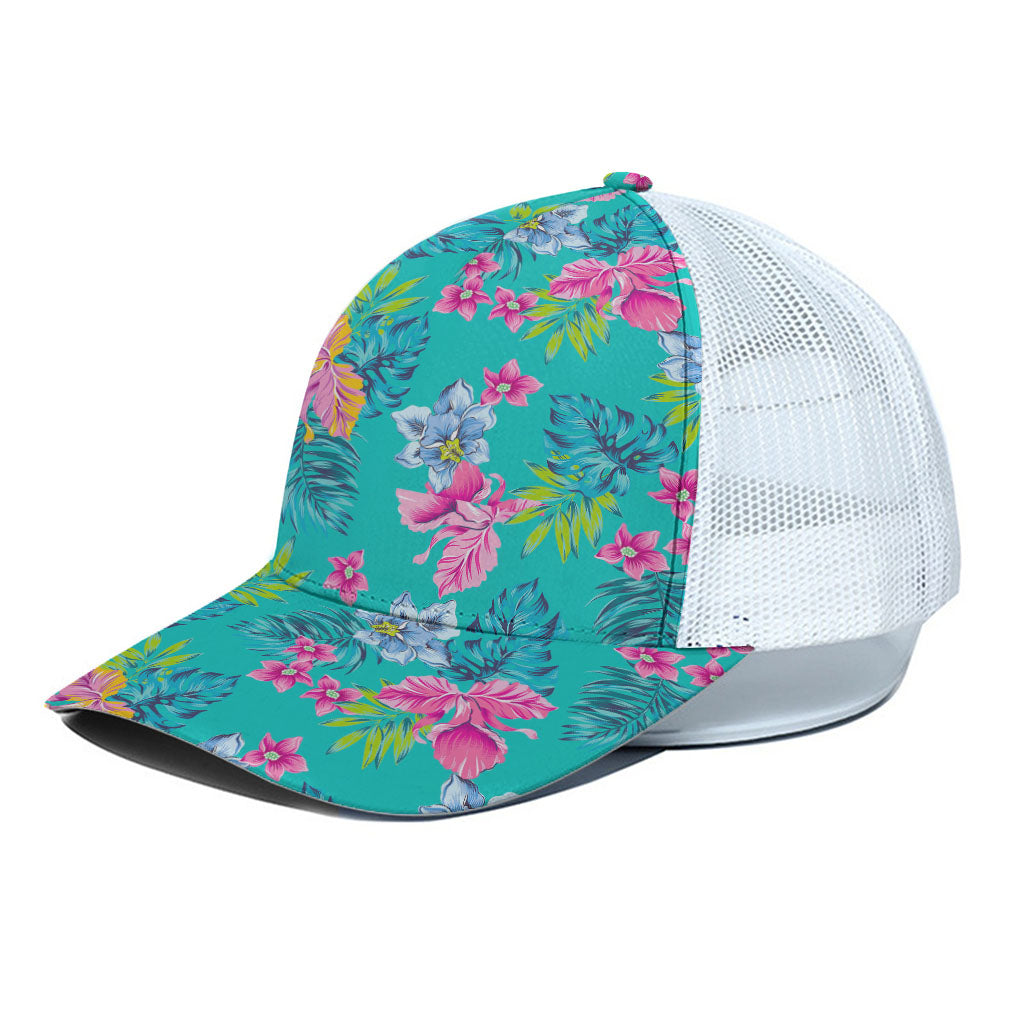 Teal Aloha Tropical Pattern Print White Mesh Trucker Cap