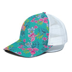 Teal Aloha Tropical Pattern Print White Mesh Trucker Cap