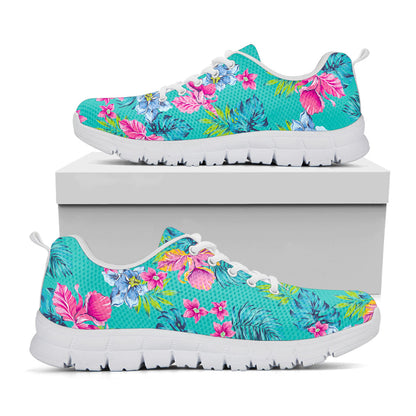 Teal Aloha Tropical Pattern Print White Running Shoes