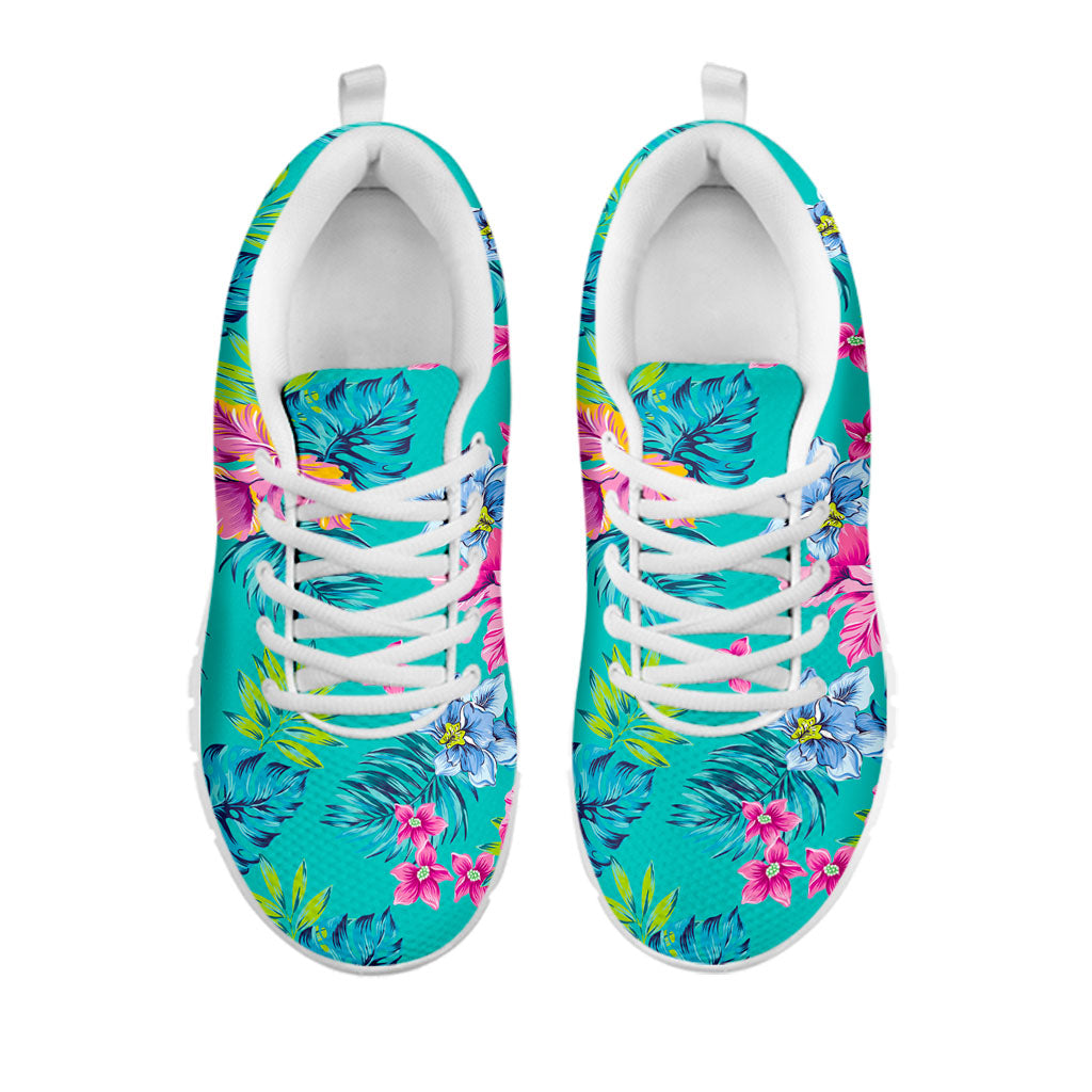 Teal Aloha Tropical Pattern Print White Running Shoes