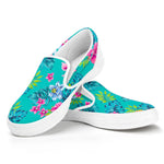 Teal Aloha Tropical Pattern Print White Slip On Sneakers