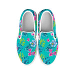 Teal Aloha Tropical Pattern Print White Slip On Sneakers