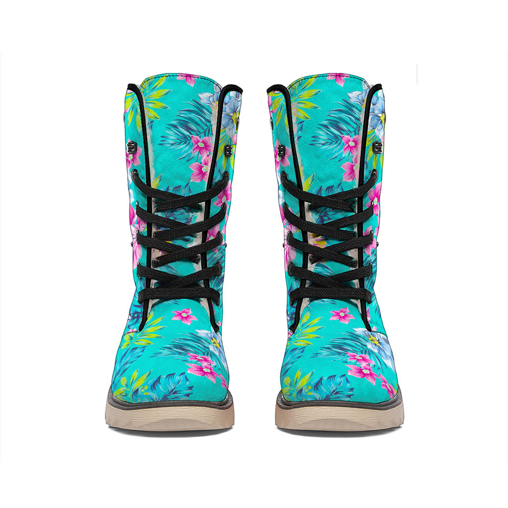 Teal Aloha Tropical Pattern Print Winter Boots