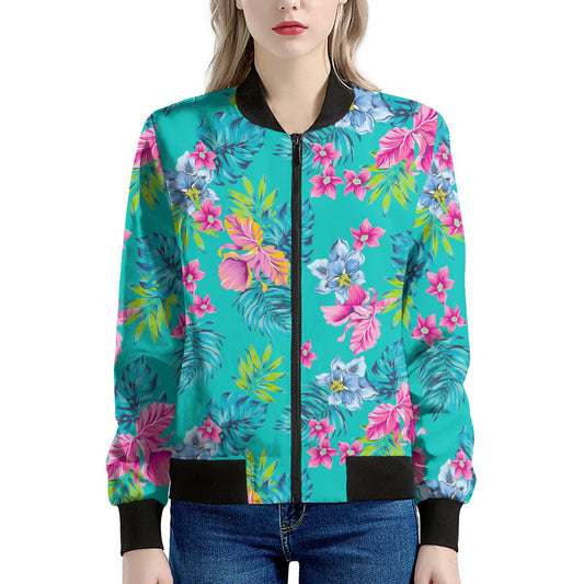 Teal Aloha Tropical Pattern Print Women's Bomber Jacket