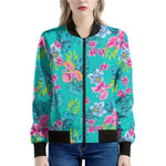 Teal Aloha Tropical Pattern Print Women's Bomber Jacket