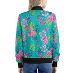 Teal Aloha Tropical Pattern Print Women's Bomber Jacket