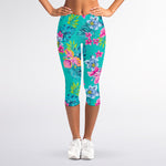 Teal Aloha Tropical Pattern Print Women's Capri Leggings