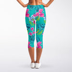 Teal Aloha Tropical Pattern Print Women's Capri Leggings