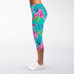 Teal Aloha Tropical Pattern Print Women's Capri Leggings