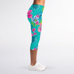 Teal Aloha Tropical Pattern Print Women's Capri Leggings