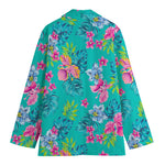 Teal Aloha Tropical Pattern Print Women's Cotton Blazer