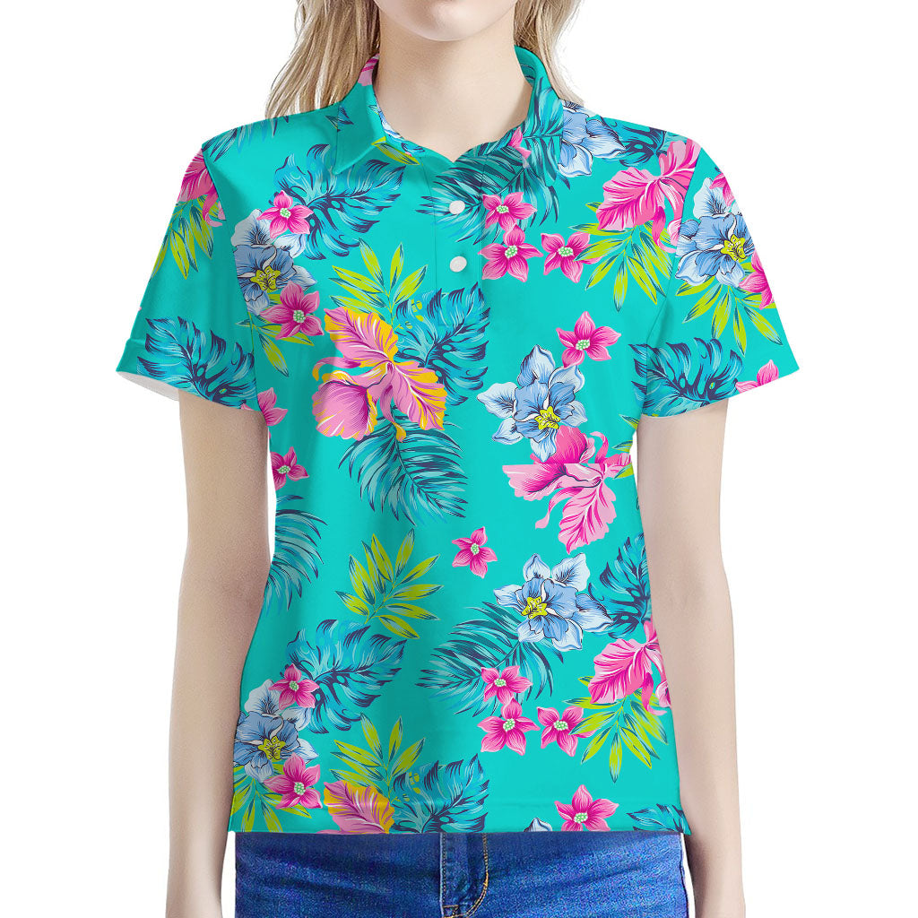 Teal Aloha Tropical Pattern Print Women's Polo Shirt