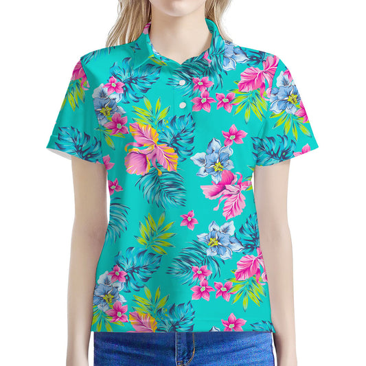 Teal Aloha Tropical Pattern Print Women's Polo Shirt