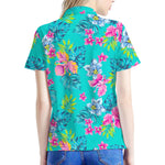 Teal Aloha Tropical Pattern Print Women's Polo Shirt