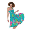 Teal Aloha Tropical Pattern Print Sleeveless Knee Length Dress