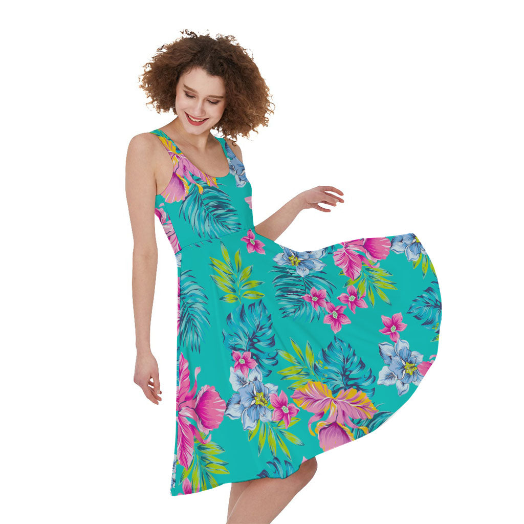 Teal Aloha Tropical Pattern Print Women's Sleeveless Dress