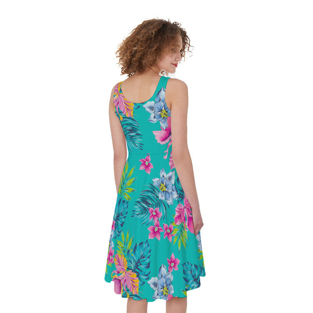 Teal Aloha Tropical Pattern Print Women's Sleeveless Dress