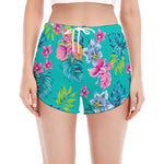 Teal Aloha Tropical Pattern Print Women's Split Running Shorts