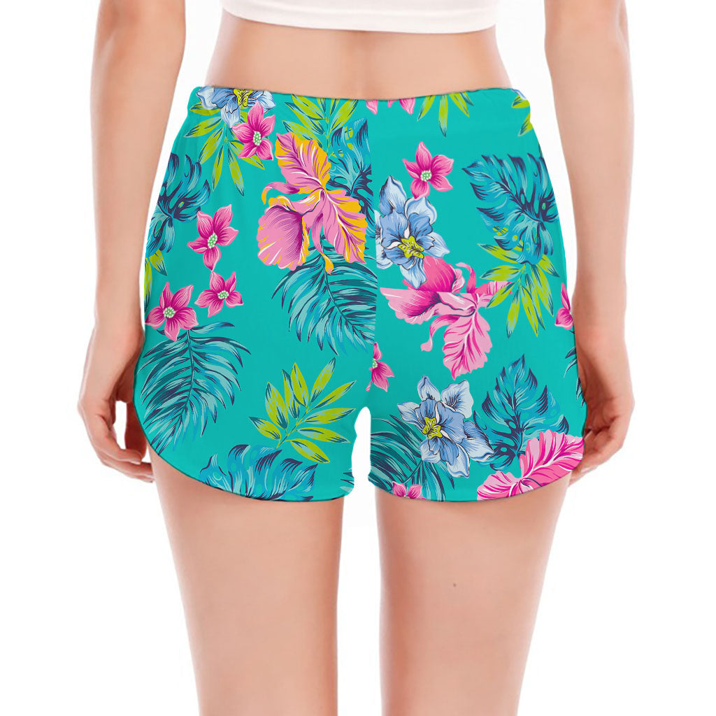 Teal Aloha Tropical Pattern Print Women's Split Running Shorts