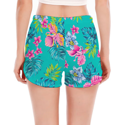 Teal Aloha Tropical Pattern Print Women's Split Running Shorts