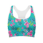Teal Aloha Tropical Pattern Print Women's Sports Bra