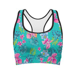 Teal Aloha Tropical Pattern Print Women's Sports Bra