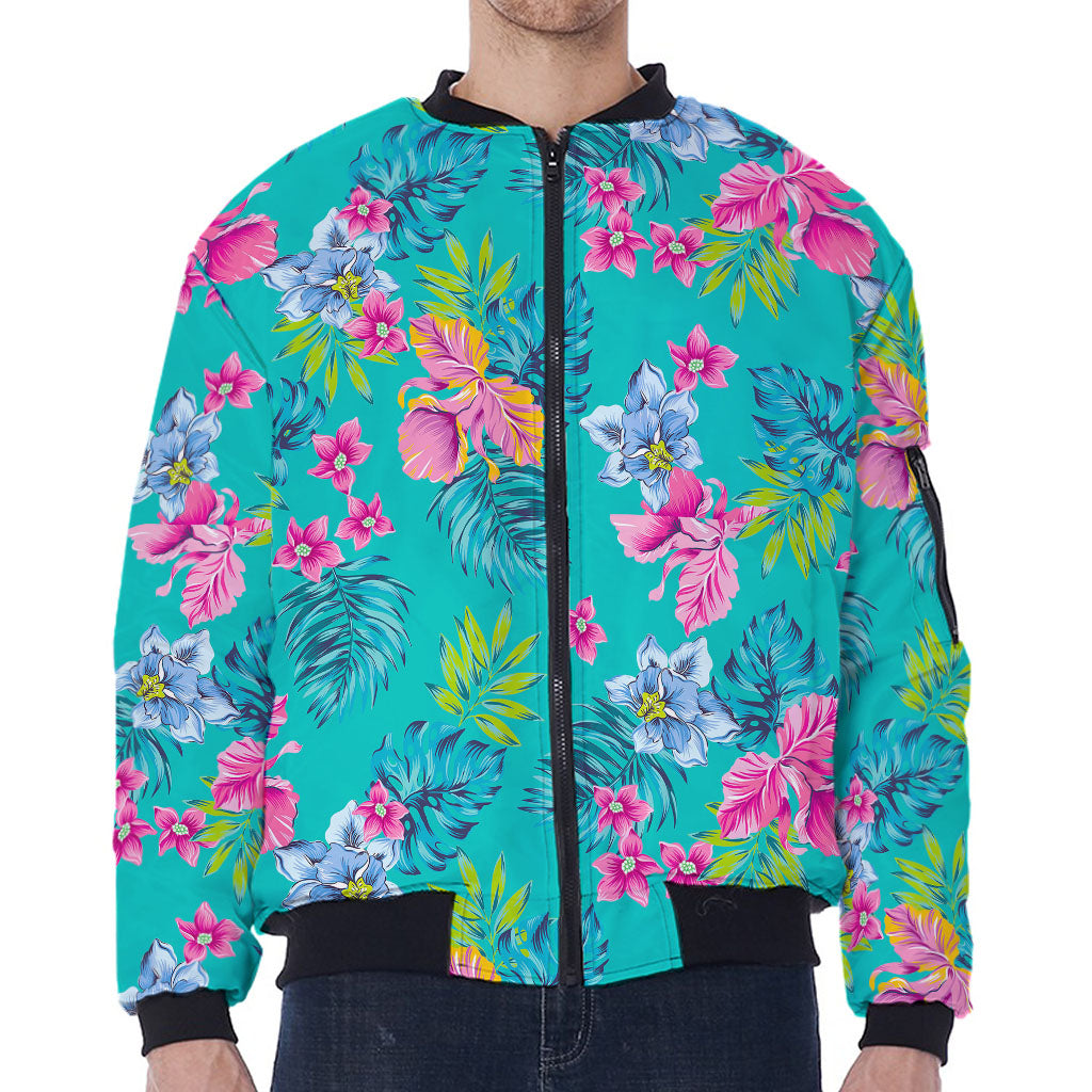 Teal Aloha Tropical Pattern Print Zip Sleeve Bomber Jacket