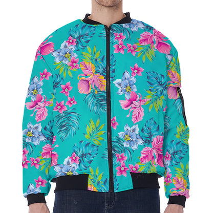 Teal Aloha Tropical Pattern Print Zip Sleeve Bomber Jacket