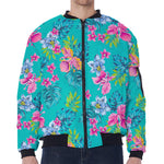 Teal Aloha Tropical Pattern Print Zip Sleeve Bomber Jacket