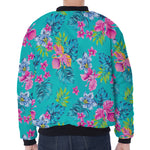 Teal Aloha Tropical Pattern Print Zip Sleeve Bomber Jacket
