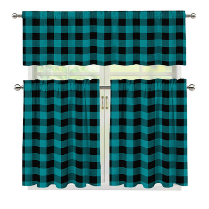 Teal And Black Buffalo Check Print 3 Piece Kitchen Curtains