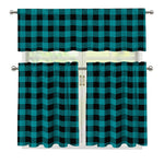 Teal And Black Buffalo Check Print 3 Piece Kitchen Curtains