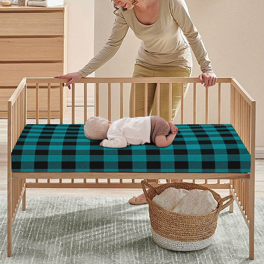 Teal And Black Buffalo Check Print Baby Crib Sheet