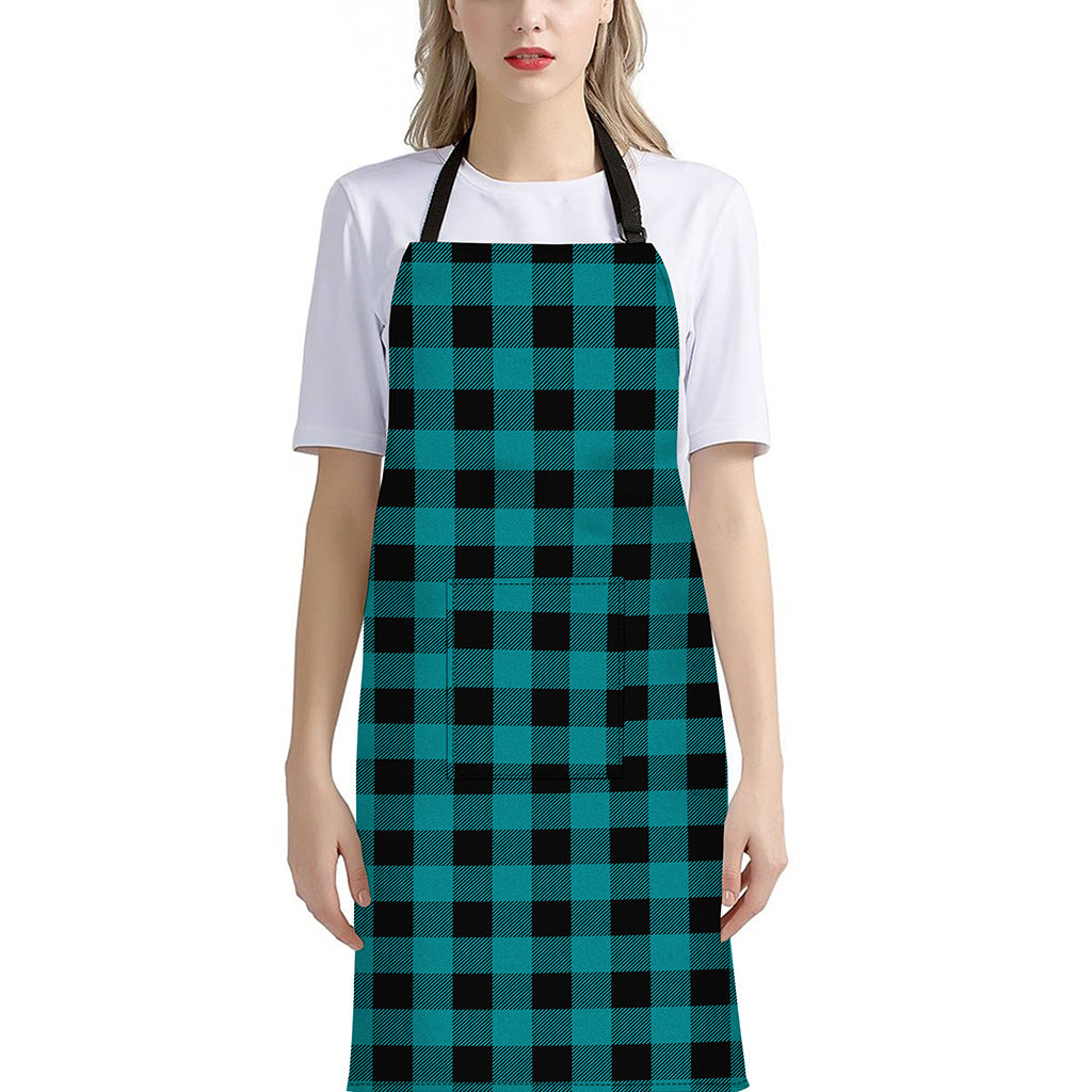 Teal And Black Buffalo Check Print Bib Apron With Pocket