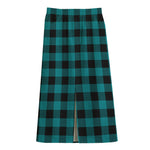 Teal And Black Buffalo Check Print Cotton Front Slit Maxi Skirt