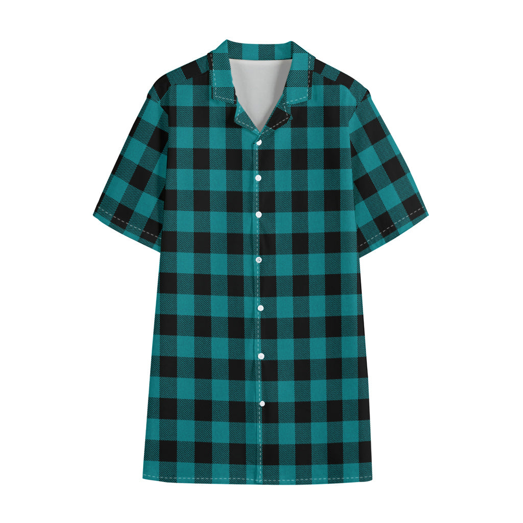 Teal And Black Buffalo Check Print Cotton Hawaiian Shirt