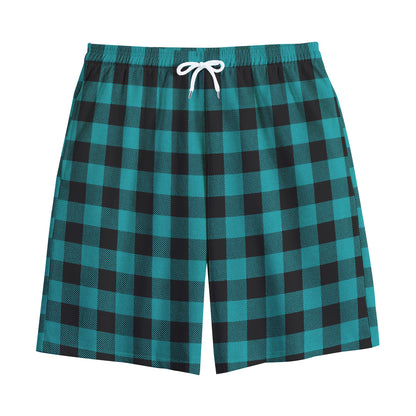 Teal And Black Buffalo Check Print Cotton Shorts