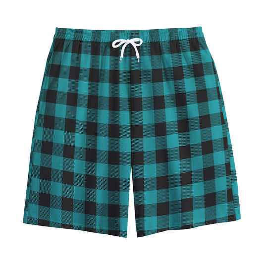Teal And Black Buffalo Check Print Cotton Shorts