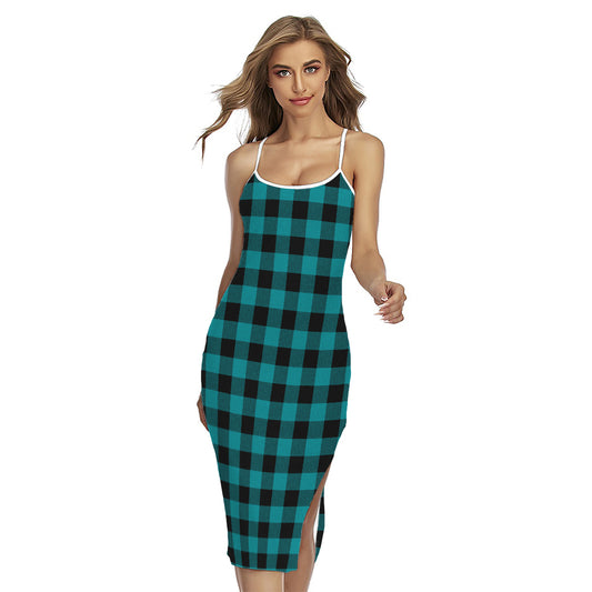 Teal And Black Buffalo Check Print Cross Back Cami Dress
