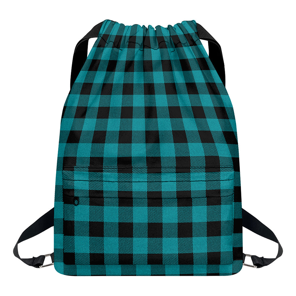 Teal And Black Buffalo Check Print Drawstring Backpack