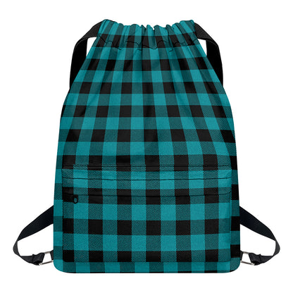 Teal And Black Buffalo Check Print Drawstring Backpack