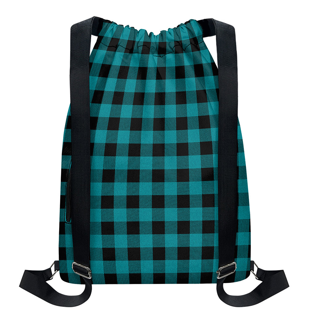 Teal And Black Buffalo Check Print Drawstring Backpack