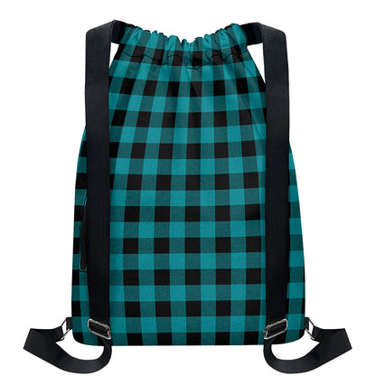 Teal And Black Buffalo Check Print Drawstring Backpack