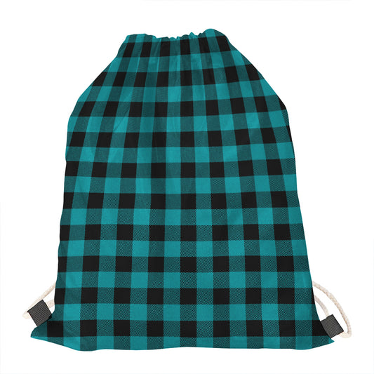 Teal And Black Buffalo Check Print Drawstring Bag